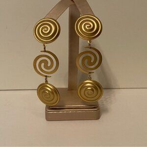 EARRINGS STATEMENT VINTAGE GOLD TONE LONG DROP MOD CIRCLES PIERCED POST DANGLE